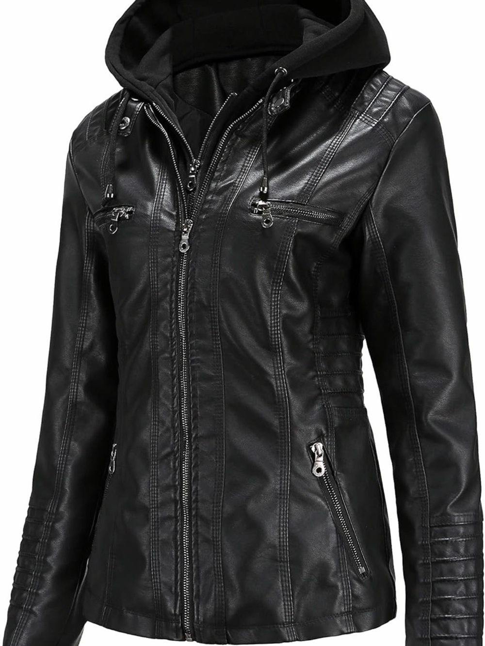 Women's Black Faux Leather Hooded Zip Jacket